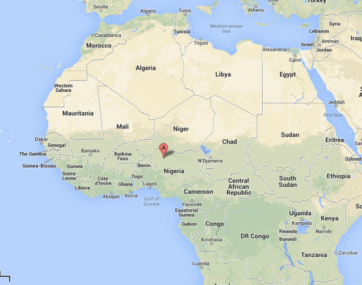 Screen shot from Google Maps.  Red pin indicates Bagega, Nigeria.